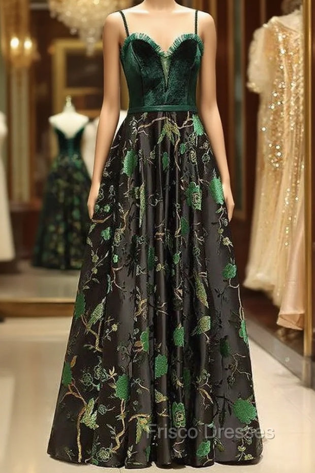 Embroidery Green Floral Long Formal Prom Evening Dress Main image