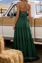 Emerald Green A-line V Neck Sleeveless Floor-Length Chiffon Prom Dress Long Prom Dresses Backless with Pleated Ruffles