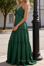 Emerald Green A-line V Neck Sleeveless Floor-Length Chiffon Prom Dress Long Prom Dresses Backless with Pleated Ruffles