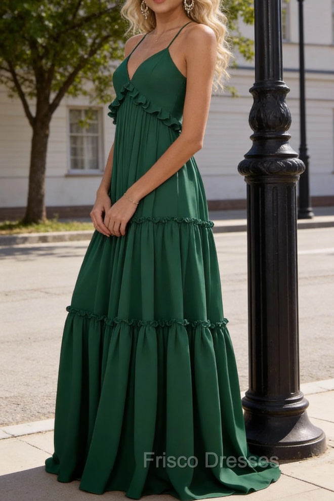 Emerald Green A-line V Neck Sleeveless Floor-Length Chiffon Prom Dress Long Prom Dresses Backless with Pleated Ruffles