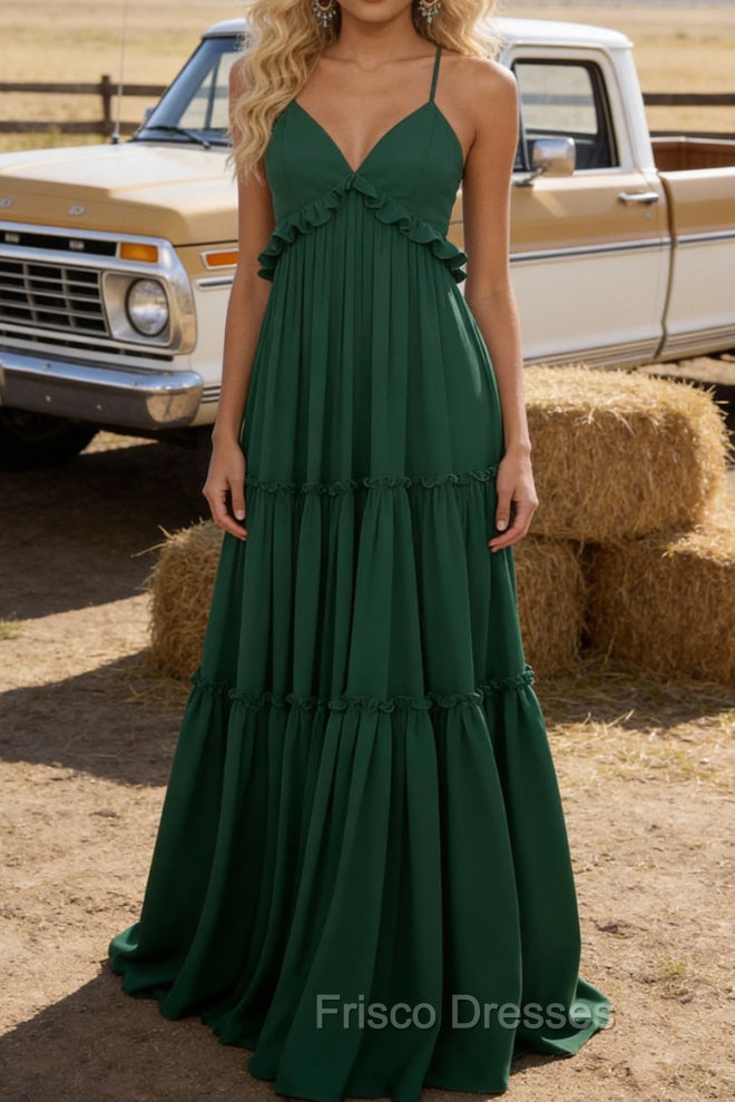 Emerald Green A-line V Neck Sleeveless Floor-Length Chiffon Prom Dress Long Prom Dresses Backless with Pleated Ruffles