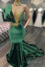 Emerald Green Formal Dress High Neck Appliques Gold Lace Mermaid Formal Prom Dress Sexy Formal Velvet Party Gowns