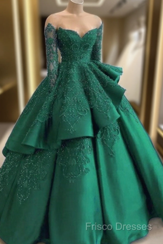 Emerald Green Formal Prom Dress Long Sleeves Green Ball Gown Formal Prom Dress