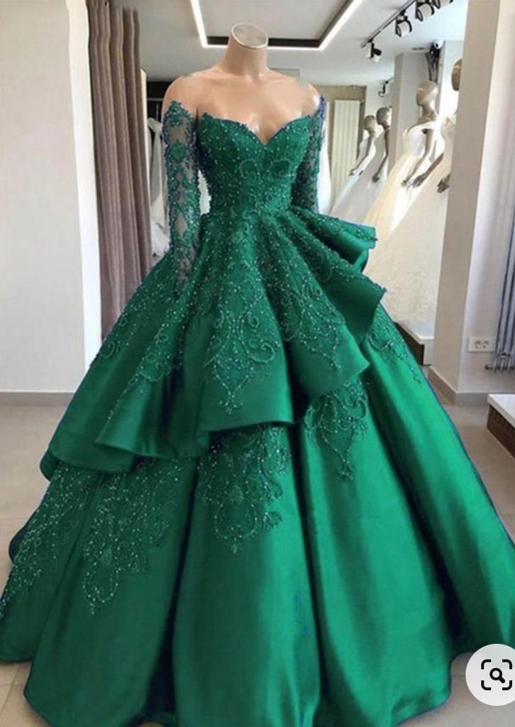 Emerald Green Prom Dresses Long Sleeves Green Ball Gown Prom Dress Main image