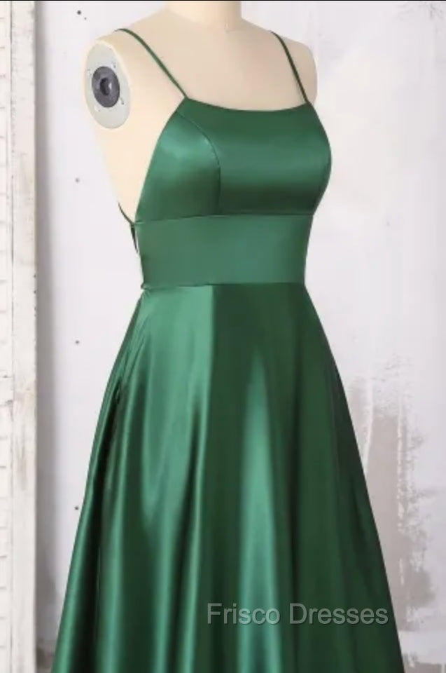 Emerald Green Formal Prom Dress, Strappy Back Slit Simple Satin Formal Prom Dress Secondary image