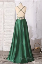 Emerald Green Formal Prom Dress, Strappy Back Slit Simple Satin Formal Prom Dress