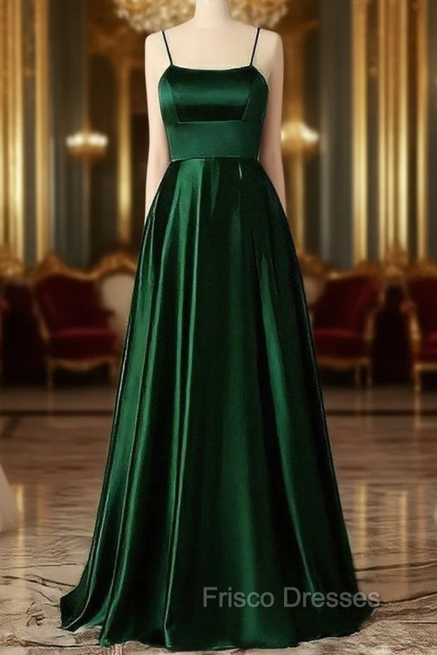 Emerald Green Formal Prom Dress, Strappy Back Slit Simple Satin Formal Prom Dress Main image