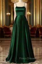 Emerald Green Formal Prom Dress, Strappy Back Slit Simple Satin Formal Prom Dress