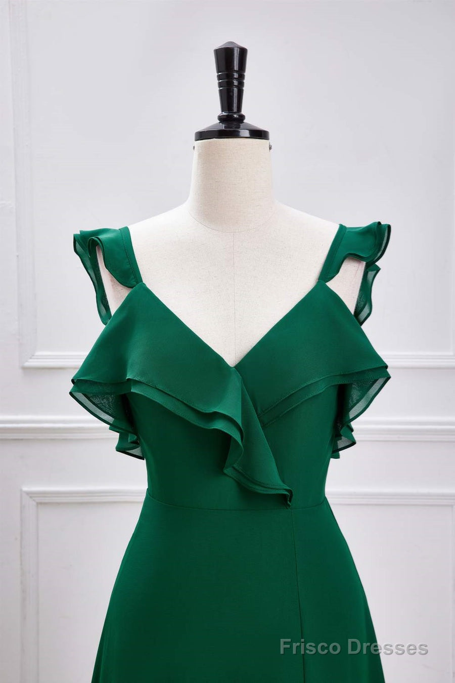 Emerald Green Ruffled Straps A-Line Bridesmaid Dress With Slit Secondary image