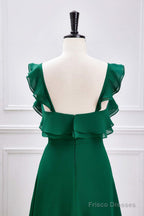 Emerald Green Ruffled Straps A-Line Bridesmaid Dress With Slit