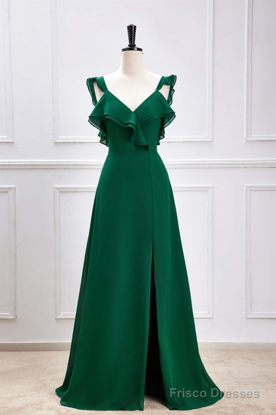 Emerald Green Ruffled Straps A-Line Bridesmaid Dress With Slit Main image