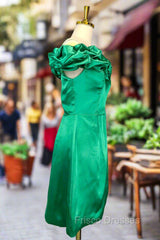 Emerald Green Sheath/Column Off-the-Shoulder Sleeveless Satin Short/Mini Homecoming Dress With Ruffles