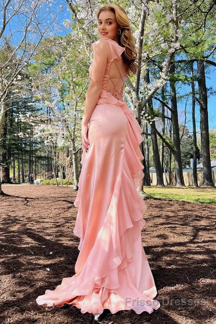 Emerald Green Square Neck Ruffle Slit Prom Dress