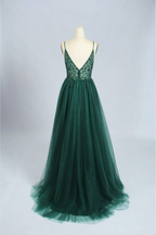 Emerald Green Beautiful V Neck Exquisite Beading Spaghetti Straps Long Tulle Handmade Custom Ball Gown Evening Dress Party Dress
