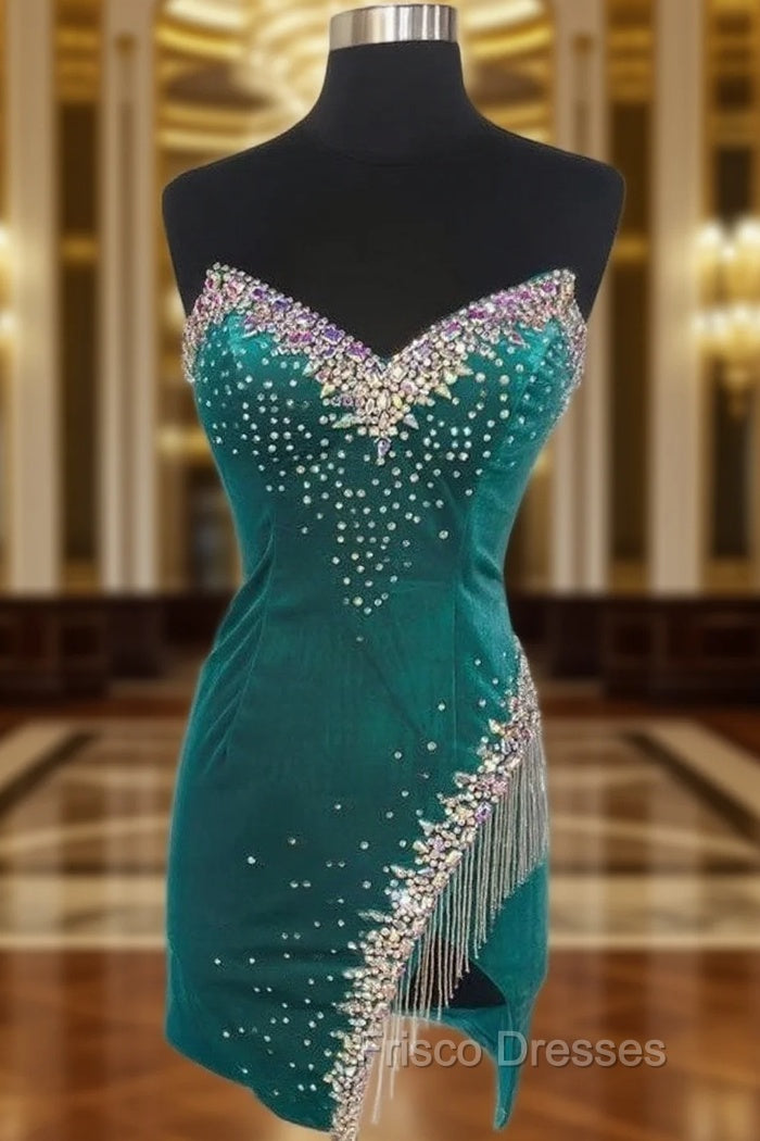 Emerald Green Velvet Strapless Beaded Short Cocktail Dress with Tassels Main image