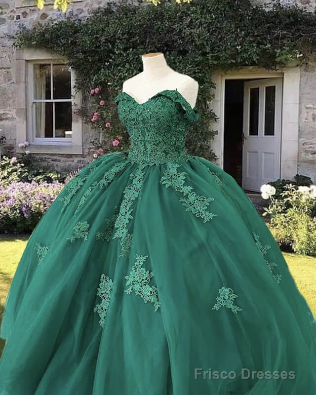 Emerald Off Shoulder Tulle Ball Gown Appliques Dress Main image