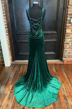 Emerald Velvet V-Neck Cutout Back Mermaid Long Formal Prom Dress