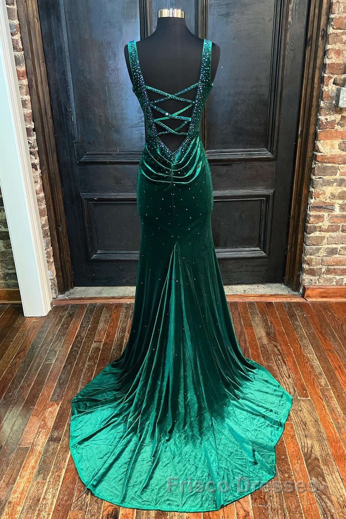 Emerald Velvet V-Neck Cutout Back Mermaid Long Formal Prom Dress