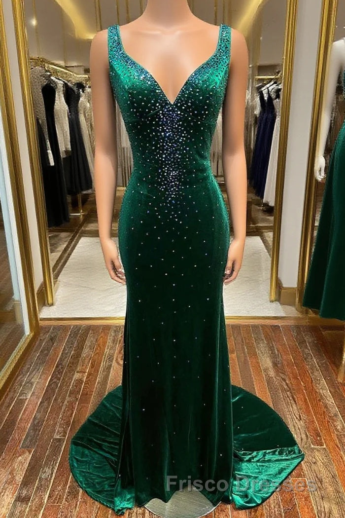 Emerald Velvet V-Neck Cutout Back Mermaid Long Formal Prom Dress