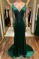 Emerald Velvet V-Neck Cutout Back Mermaid Long Formal Prom Dress