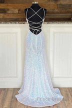 Empire Mermaid White Sequin V-Neck Formal Prom Dress