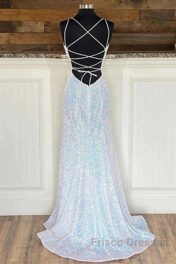 Empire Mermaid White Sequin V-Neck Formal Prom Dress