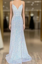 Empire Mermaid White Sequin V-Neck Formal Prom Dress
