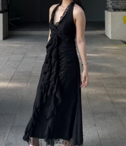Sweet Black Halter A-Line Chiffon&Tulle Open Back Prom Dresses Birthday Dresses