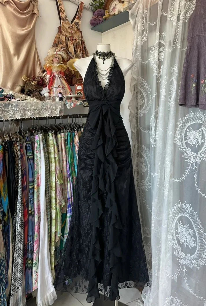 Sweet Black Halter A-Line Chiffon&Tulle Open Back Prom Dresses Birthday Dresses Main image