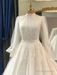 Engagement Vintage 1940S / 1950S Formal Wedding Dresses Ball Gown High Neck Long Sleeve Court Train Lace Bridal Gowns With Pleats Appliques