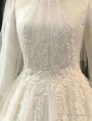 Engagement Vintage 1940S / 1950S Formal Wedding Dresses Ball Gown High Neck Long Sleeve Court Train Lace Bridal Gowns With Pleats Appliques