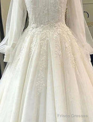 Engagement Vintage 1940S / 1950S Formal Wedding Dresses Ball Gown High Neck Long Sleeve Court Train Lace Bridal Gowns With Pleats Appliques