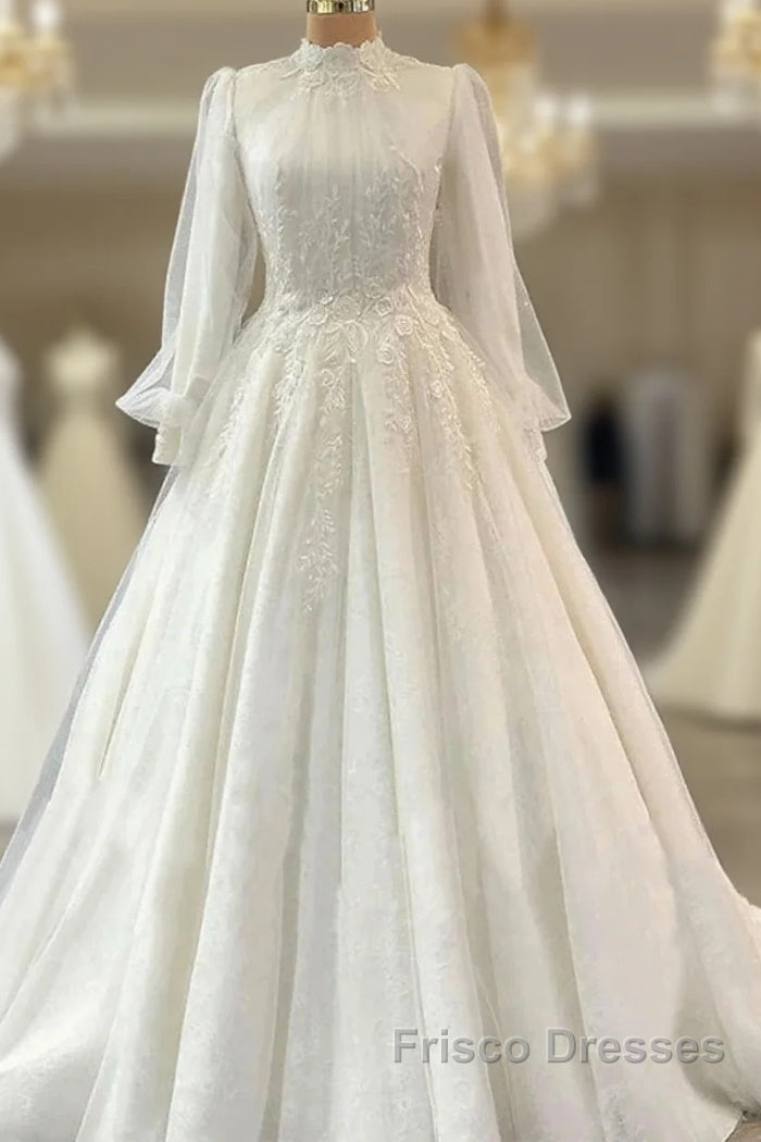 Engagement Vintage 1940S / 1950S Formal Wedding Dress Ball Gown High Neck Long Sleeve Court Train Lace Bridal Gowns With Pleats Appliques Main image