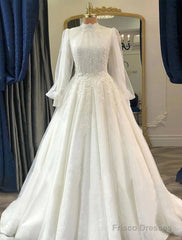 Engagement Vintage 1940S / 1950S Formal Wedding Dresses Ball Gown High Neck Long Sleeve Court Train Lace Bridal Gowns With Pleats Appliques