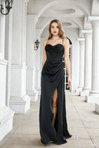 Engerla Sexy High Slit Evening Dresses Spaghetti Satin Ruched Shower Party Dress Pageant Celebrity Gown