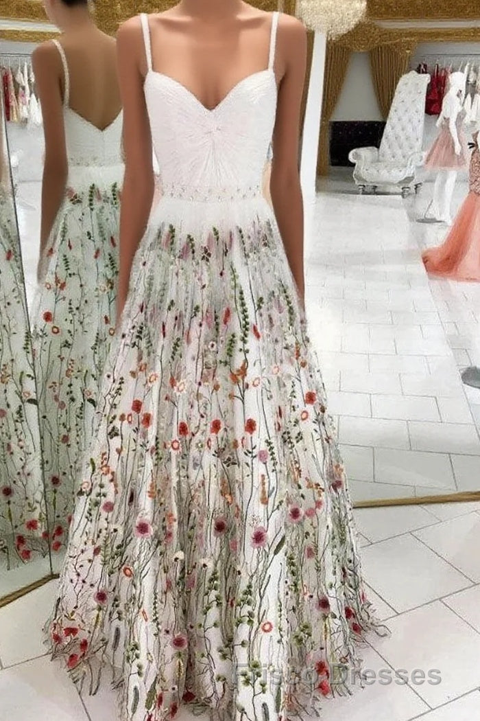 White Straps Floor Length Long Formal Prom Dress with Lace Flowers Formal Prom Dress Main image