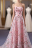 Pink Tulle 3D Flowers Long Formal Prom Dress, Pink Evening Dress