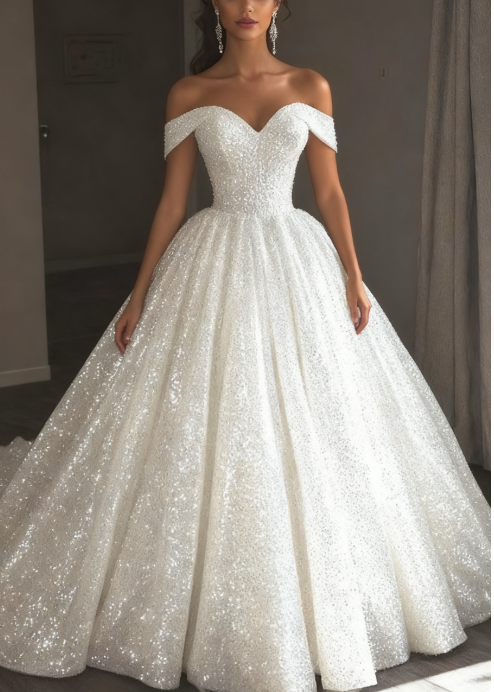 Ethereal Wedding Dress Ball Gown Off The Shoulder Sequin White Wedding Dresses Bridal Gowns Secondary image