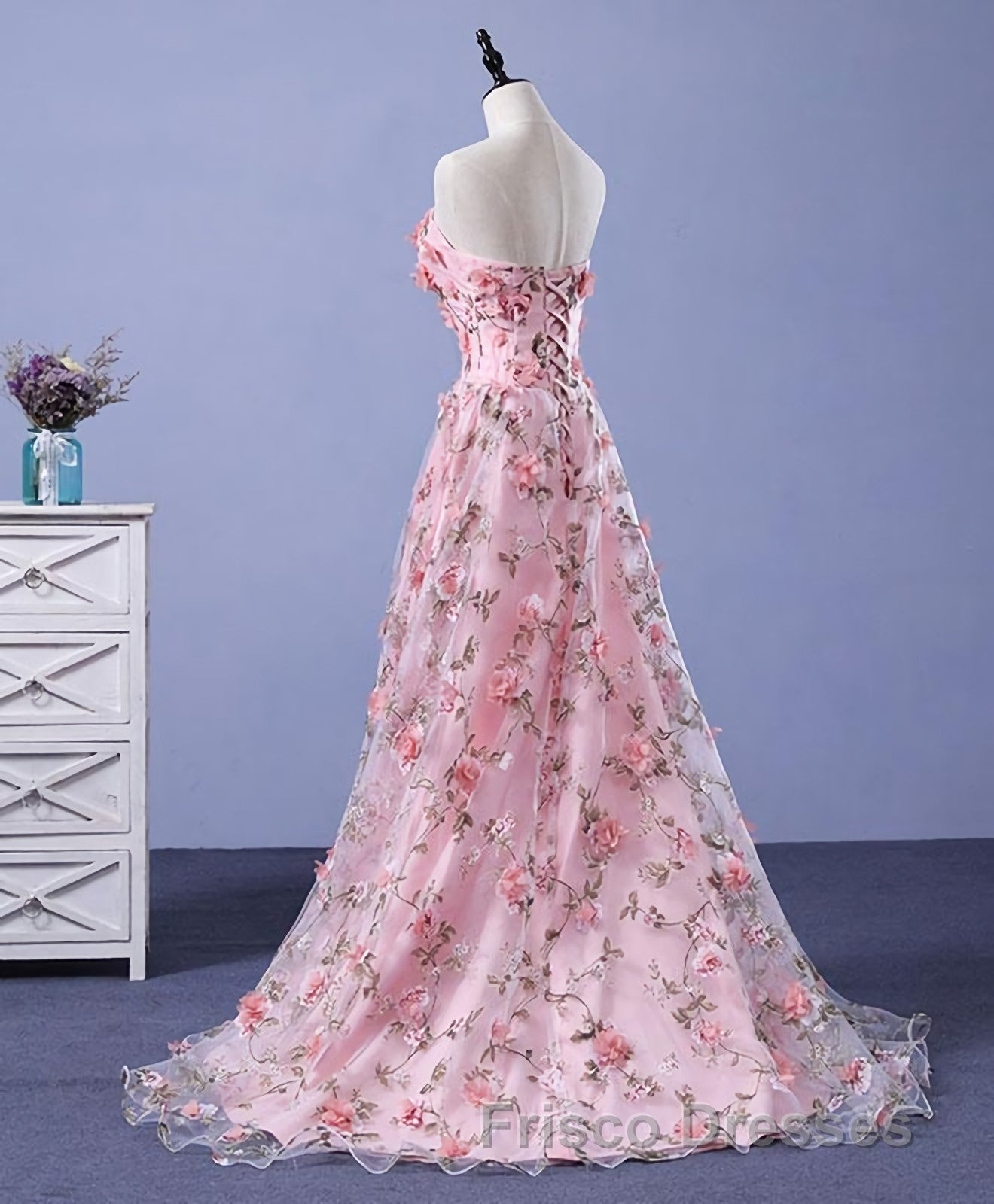 Pink Tulle 3D Flowers Long Formal Prom Dress, Pink Evening Dress Secondary image