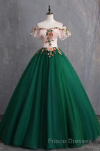 Green Off the Shoulder Floor Length Formal Prom Dress with Appliques, Puffy Quinceanera Dress