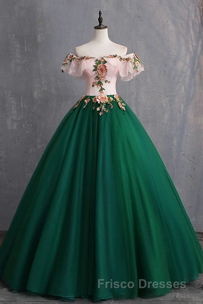 Green Off the Shoulder Floor Length Formal Prom Dress with Appliques, Puffy Quinceanera Dress