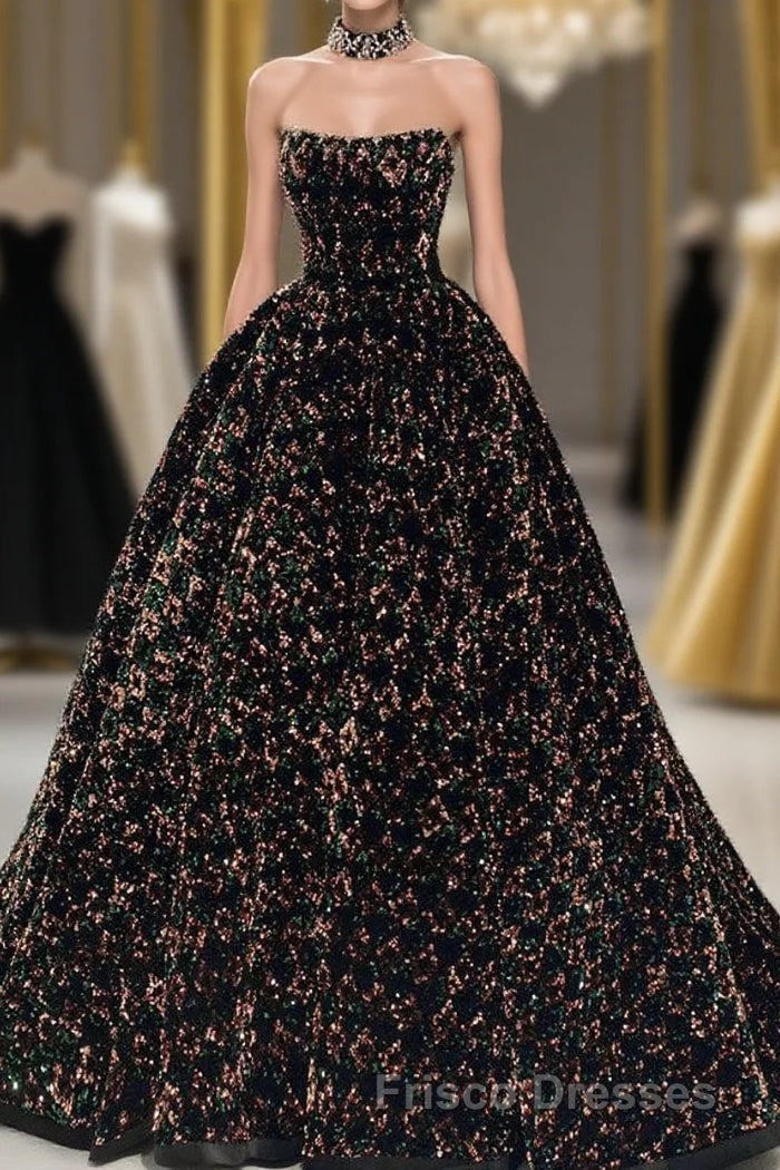 A Line Sparkly Sequin Long Formal Prom Dress, Gorgeous Strapless Long Evening Dress Main image