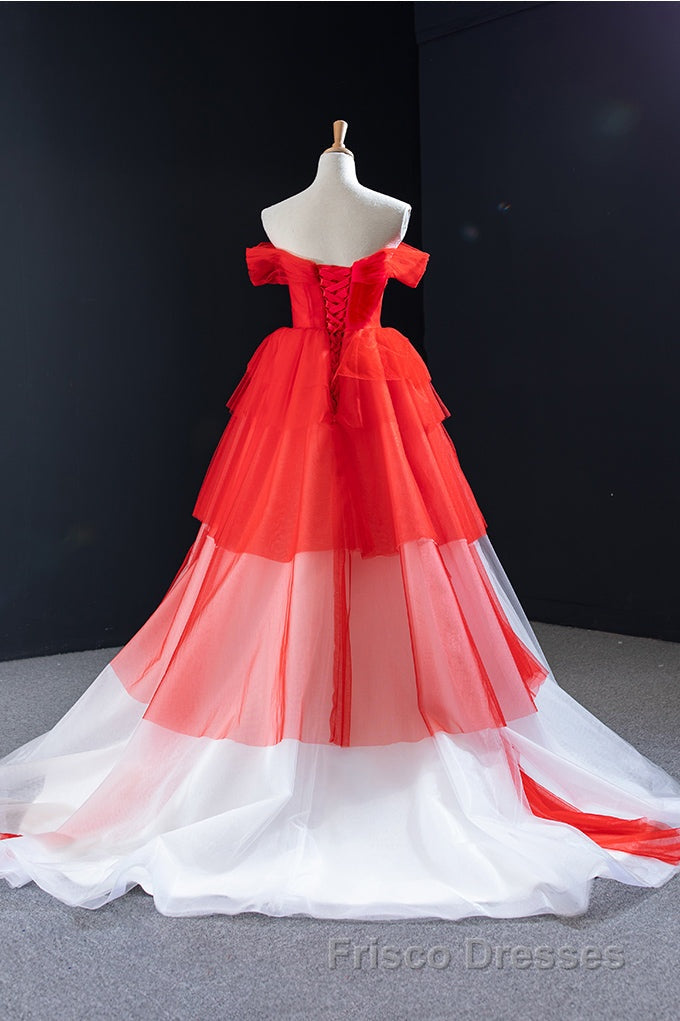 Red and White off the Shoulder Tired Formal Prom Dress, Puffy Formal Prom Party Dress Secondary image