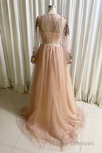A Line Tulle Long Formal Prom Dress with Flowers, Pink Long Sleeves Party Dress with Beading