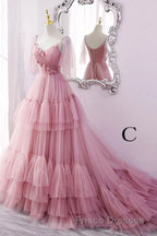 A Line V Neck New Style Tiered Long Tulle Formal Prom Dress, Evening Gown with Flower