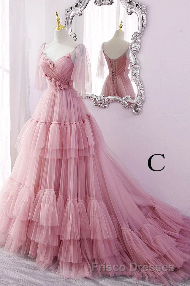 A Line V Neck New Style Tiered Long Tulle Formal Prom Dress, Evening Gown with Flower