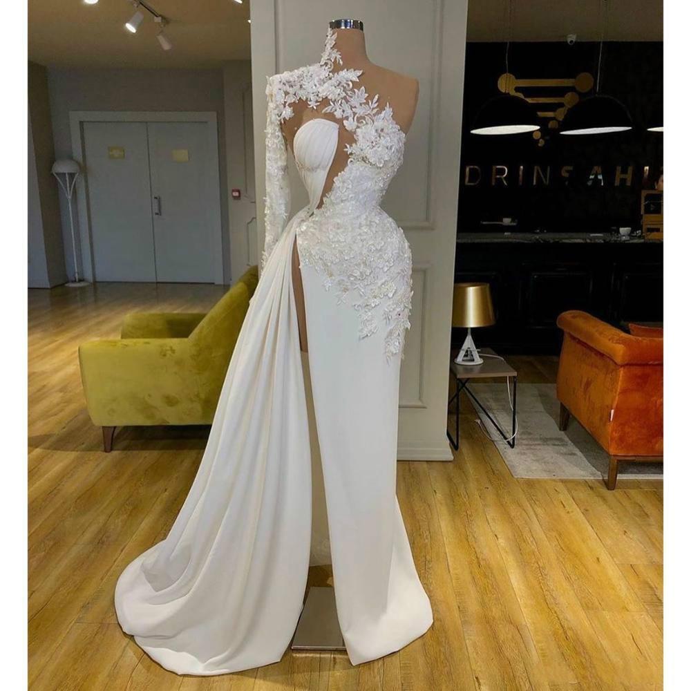 Exquisite Lace White Prom Dresses High Neck One Shoulder Long Sleeve Formal Evening Gowns Side Split Robes De Mari¨¦E