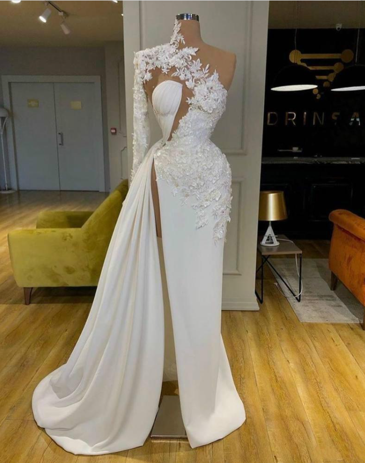 Exquisite Lace White Prom Dresses High Neck One Shoulder Long Sleeve Formal Evening Gowns Side Split Robes De Mari¨¦E Main image