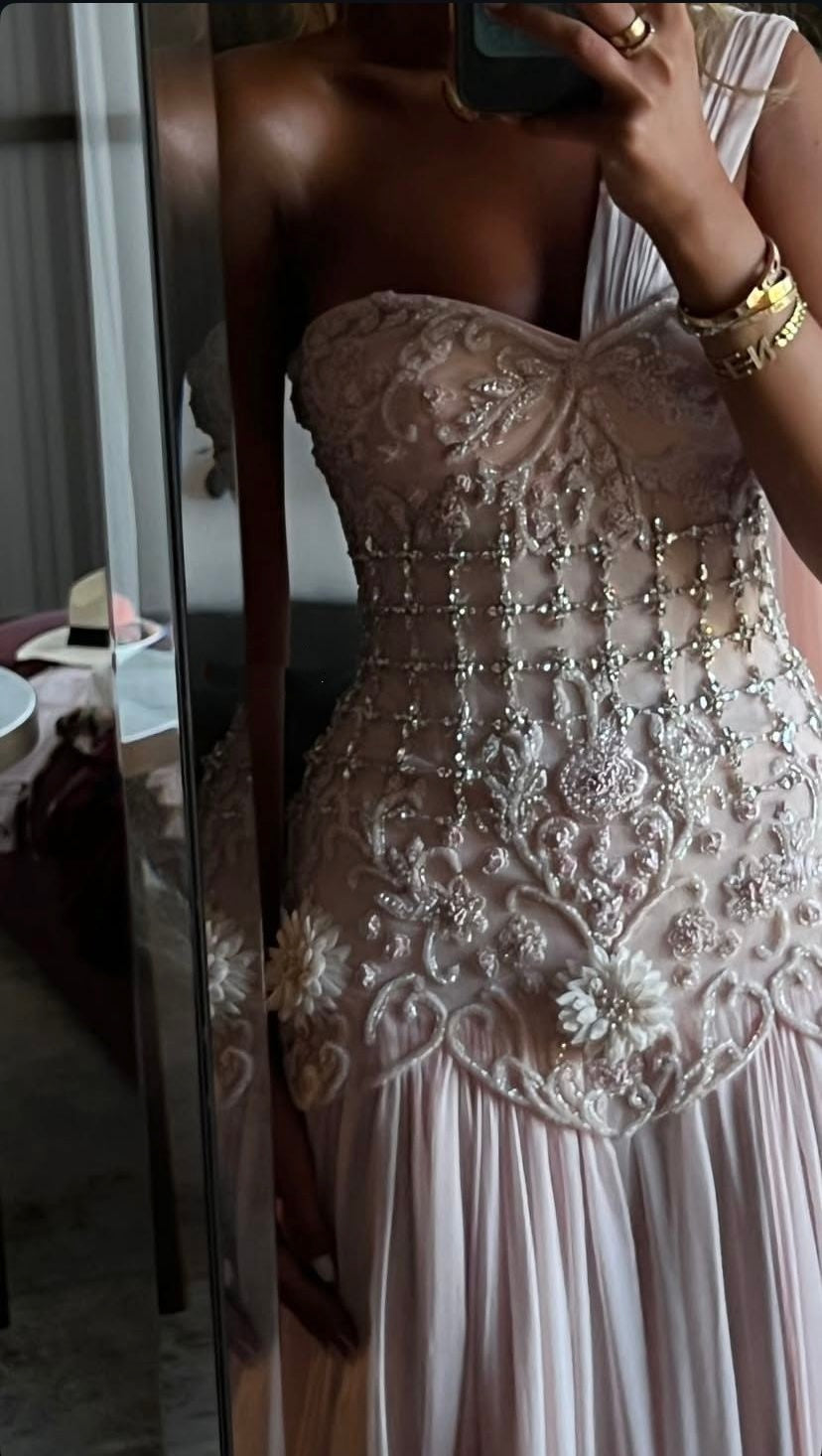 Exquisite Mermaid One Shoulder Pink Chiffon With Silver Beaded Prom Dresses Long Party Dress 18Th Birthday Outfits Prom Gown