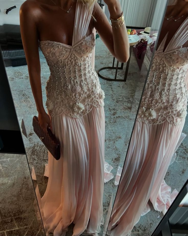 Exquisite Mermaid One Shoulder Pink Chiffon With Silver Beaded Prom Dresses Long Party Dress 18Th Birthday Outfits Prom Gown